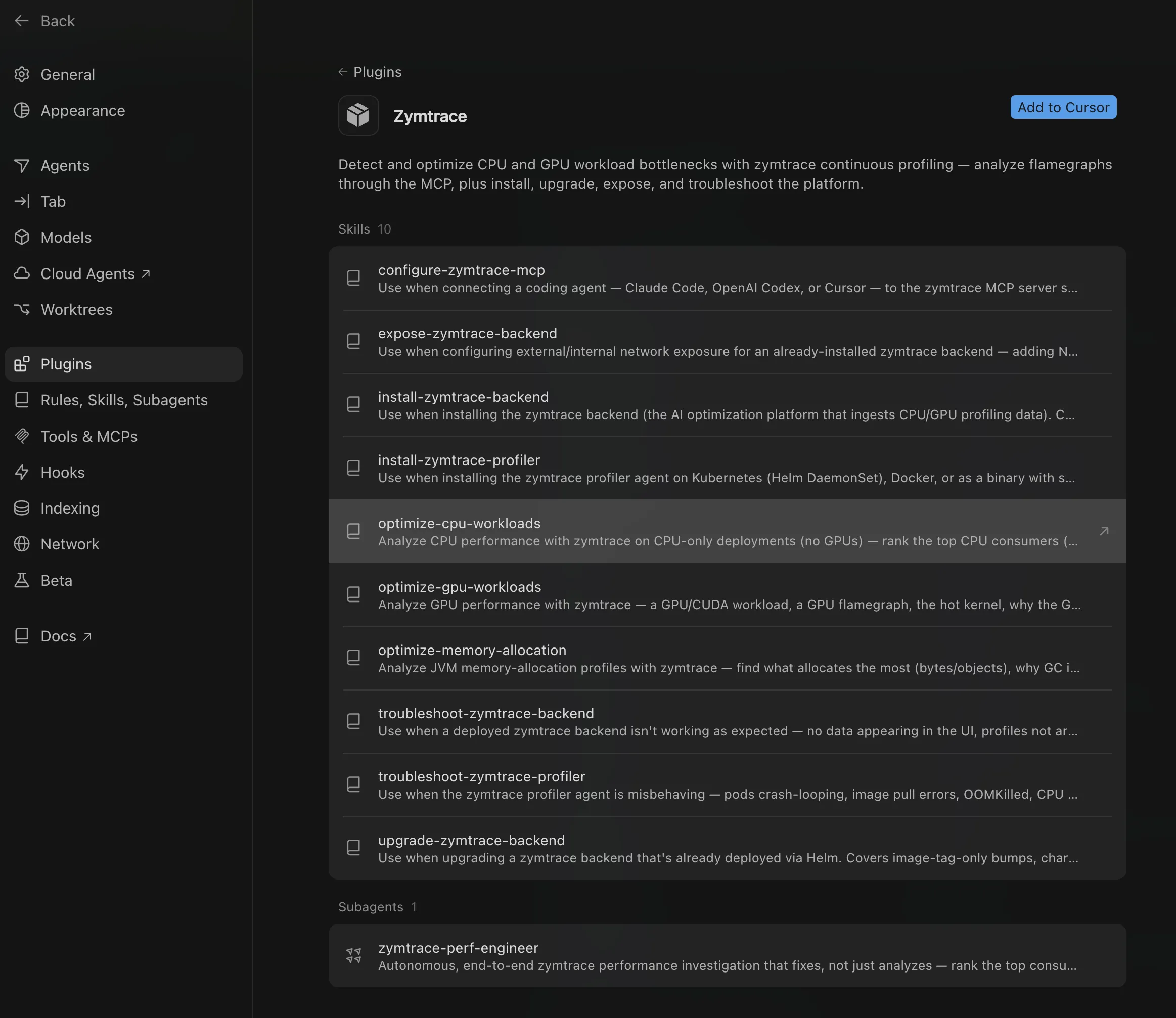 Zymtrace Agent Skills installed in Cursor