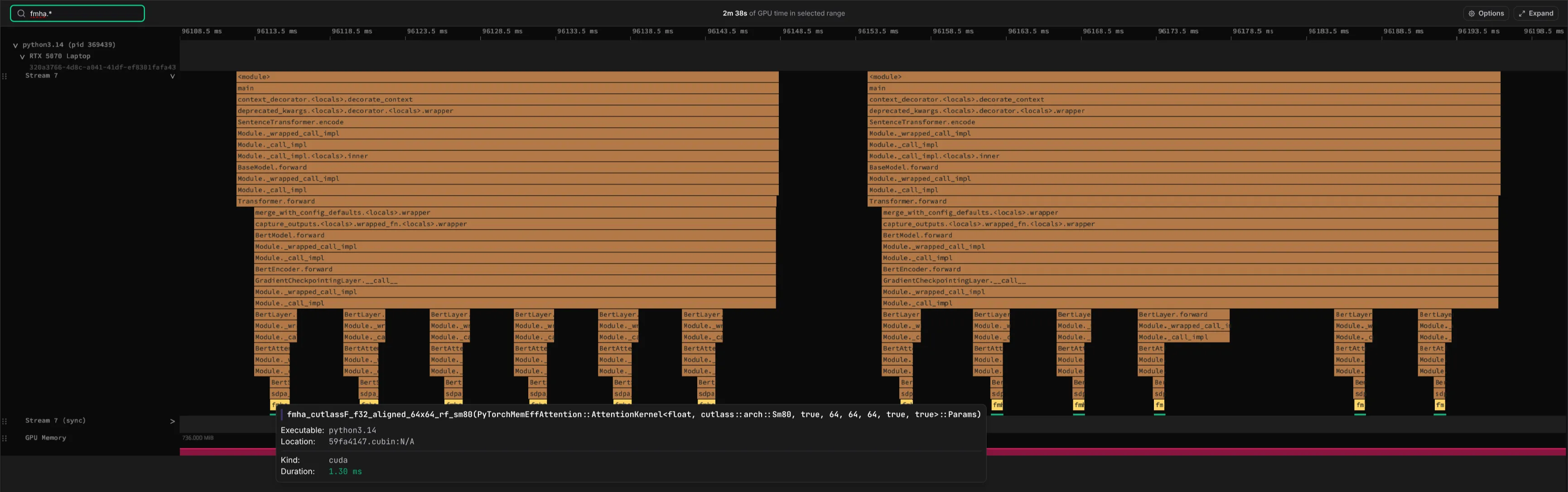 Zymtrace GPU timeline with the search fmha.* active across two batches, highlighting six fmha_cutlass kernels per batch