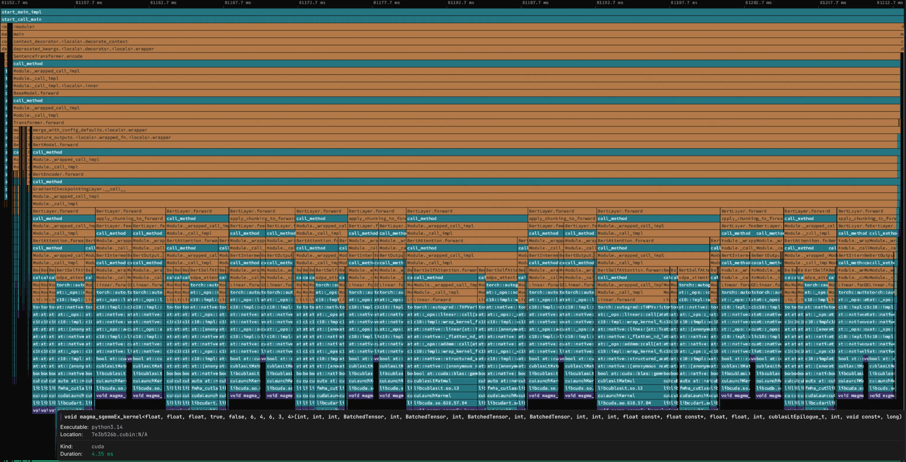 Zymtrace GPU timeline with one embedding batch expanded: the Python stack from the script entry point down to BertLayer.forward repeated six times, with cuBLAS sgemm and CUTLASS fmha kernels at the bottom