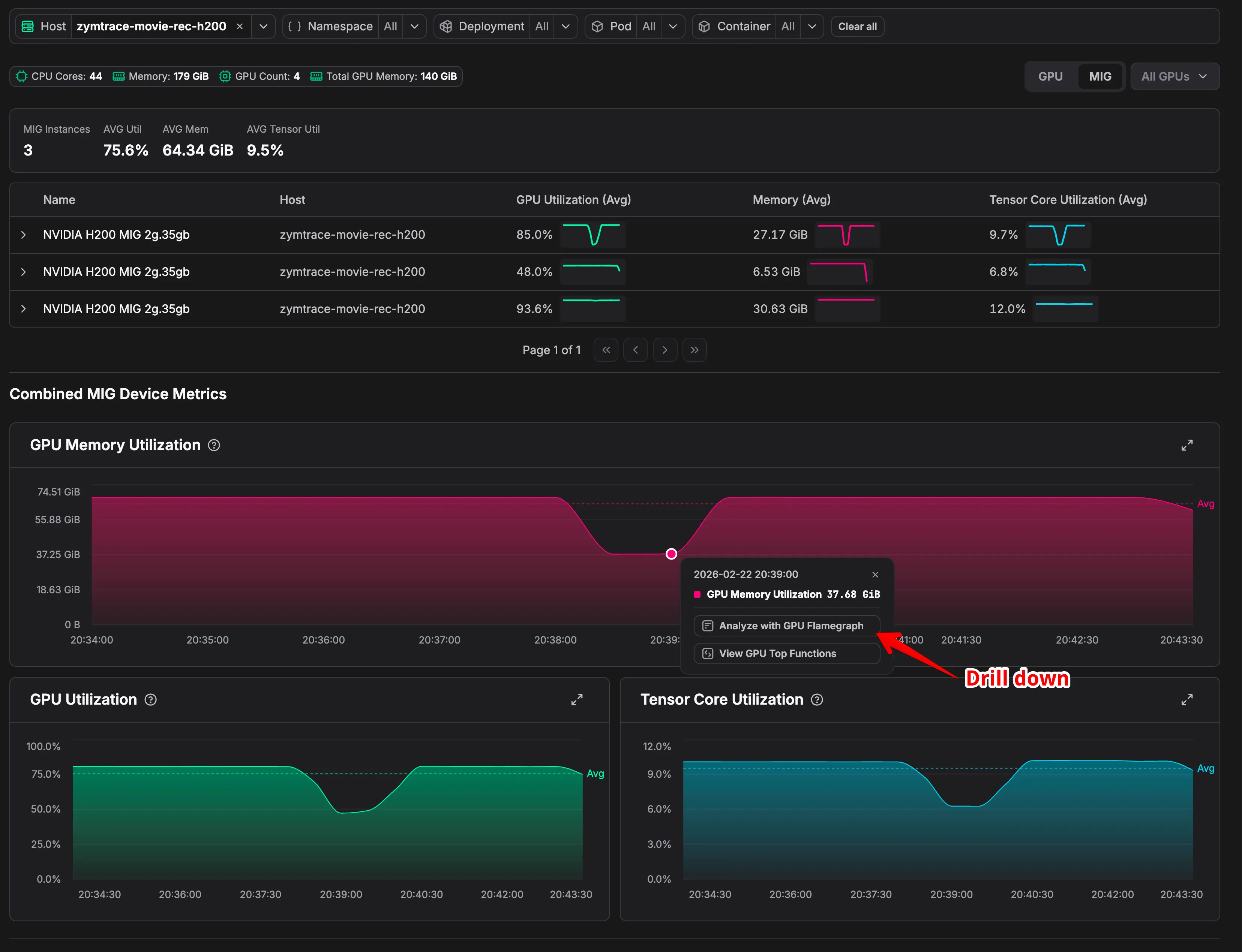MIG drill-down view in Zymtrace