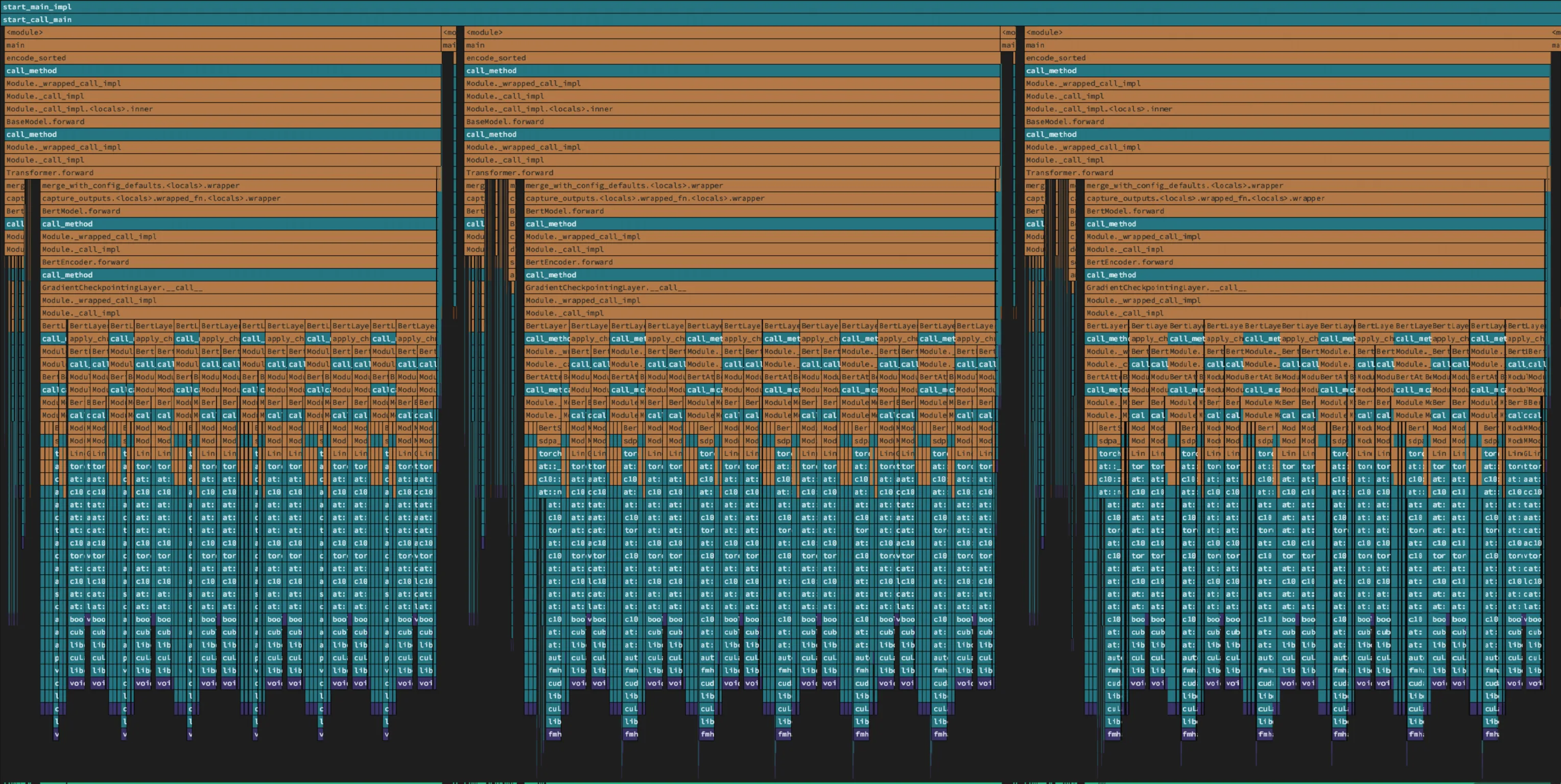 Zymtrace GPU timeline after the optimizations: three embedding batches on one expanded CUDA stream with almost no idle gap between them
