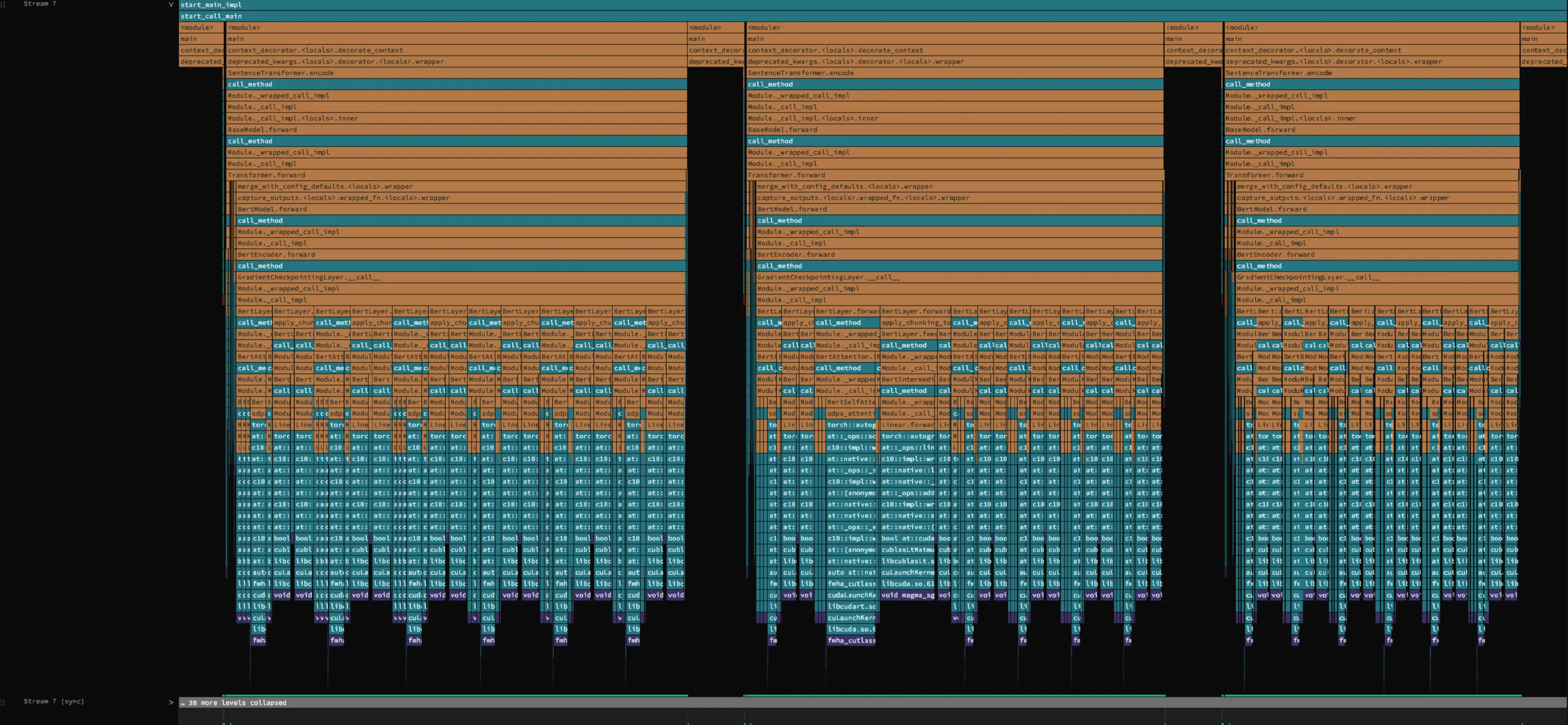 Zymtrace GPU timeline showing three embedding batches on one expanded CUDA stream, each with the full Python stack from the script entry point down to the cuBLAS and CUTLASS kernels
